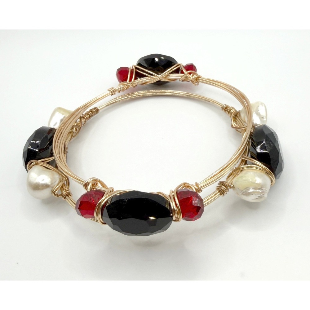 Set‎ of 2 Red Black Beaded Wire Wrap Bangles Gold Tone Stack